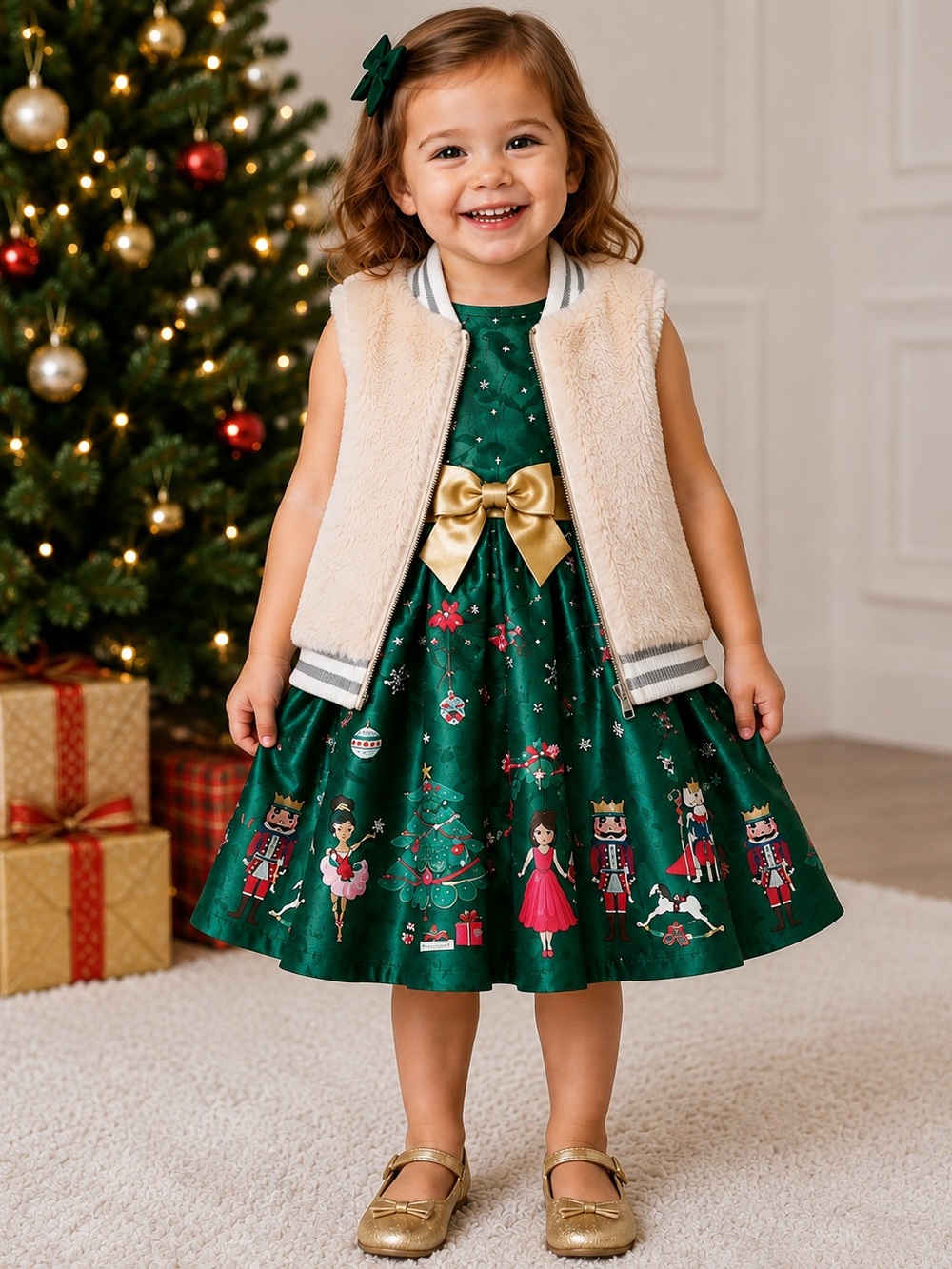 Bonnie Baby Nutcracker Christmas Dress 3T Gold Bow Holiday Dress + Splendid Vest
